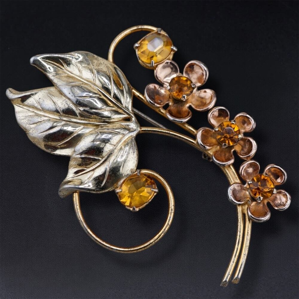 Vintage Sterling Silver Vermeil Flower Floral Spray Brooch Rhinestone Pin 3"